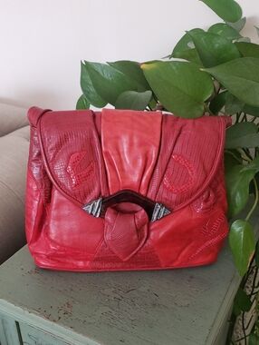 Vintage 80s Red Leather Patchwork Snakeskin Clutch Crossbody Bag Handbag